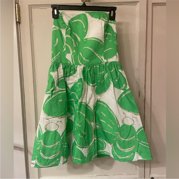 Lilly Pulitzer Lottie Stinger Print Strapless Dress Green, White, and Gold - Picture 2 of 5